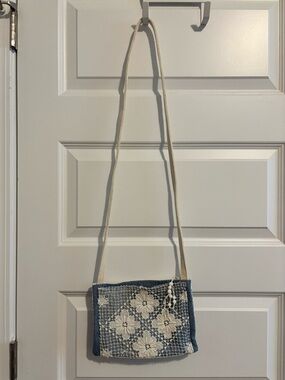 Denim Crochet Floral Crossbody Bag with Cream Strap